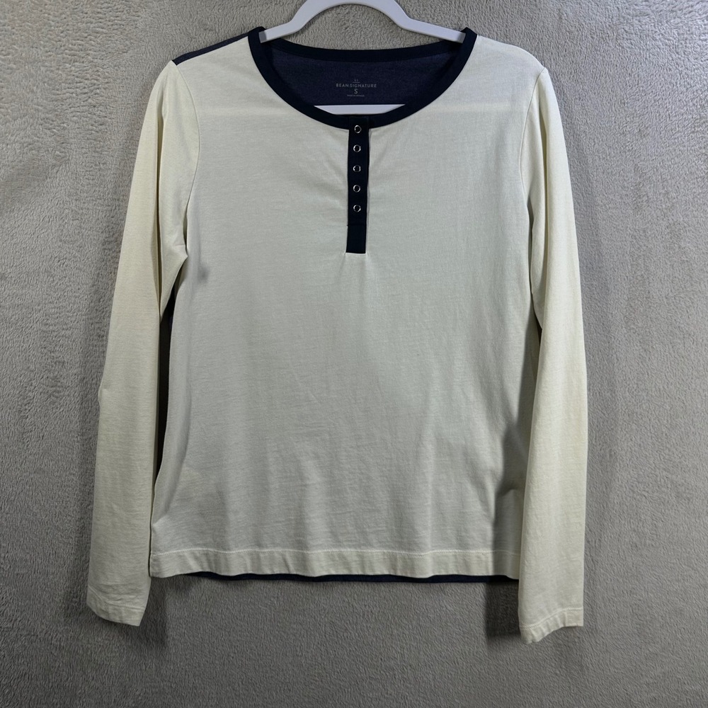 LL Bean Signature Womens Cream Navy Colorblock Henley Long Sleeve Top Small